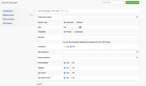 Password protect your PDFs, set orientation, size and more