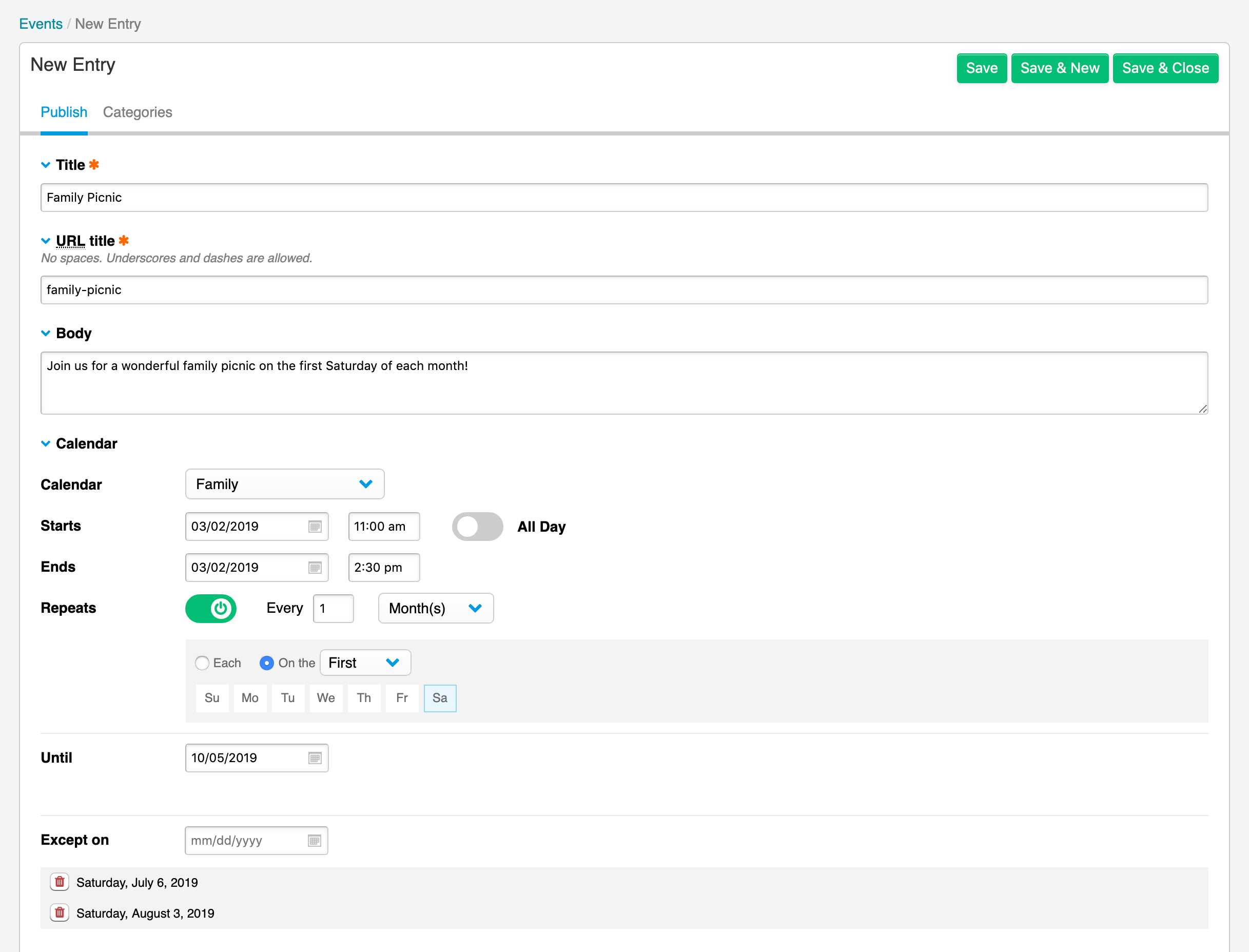 Create complex recurring events with exclusions!