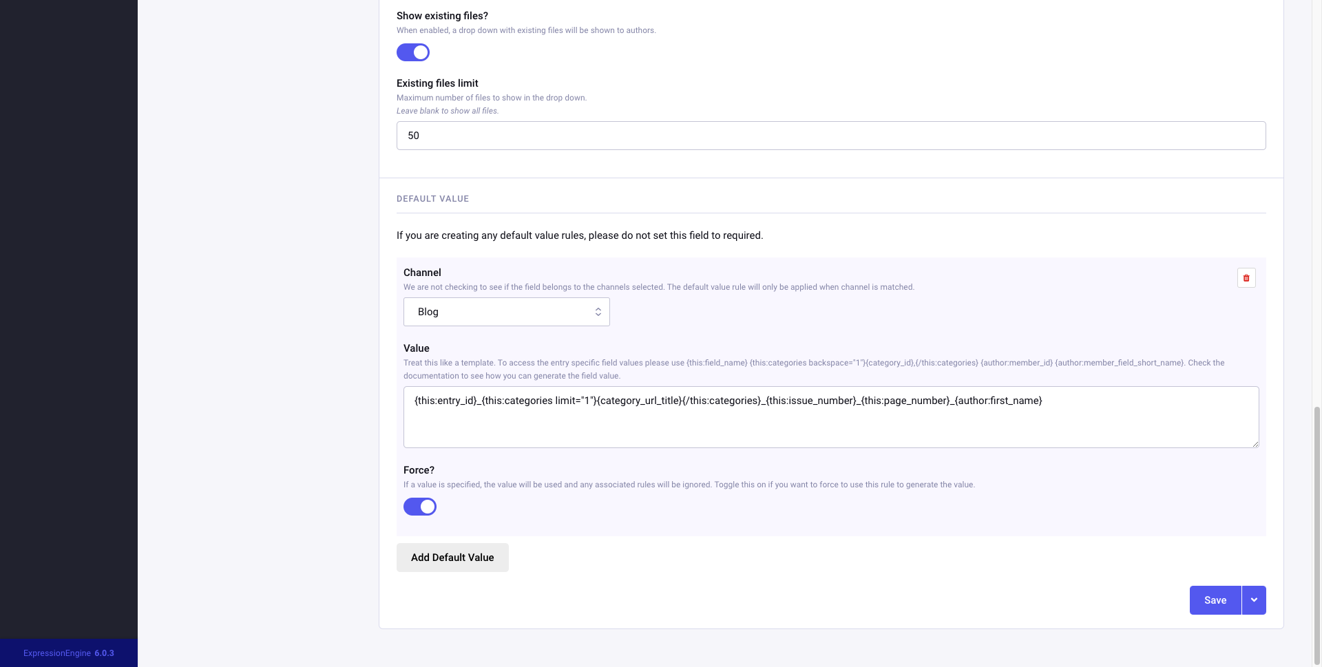 Screenshot of GB Default Value on field settings