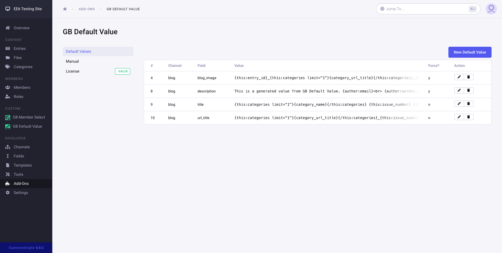 Screenshot of GB Default Value settings page