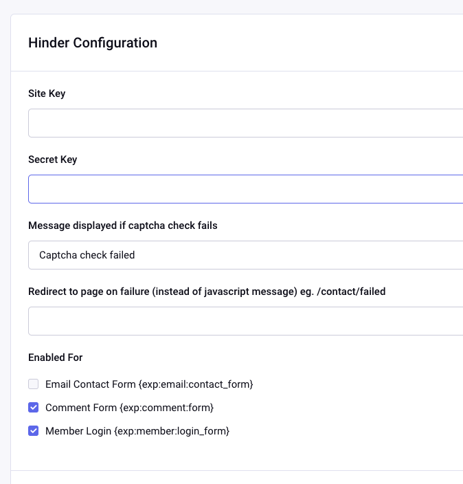 Hinder configuration screen